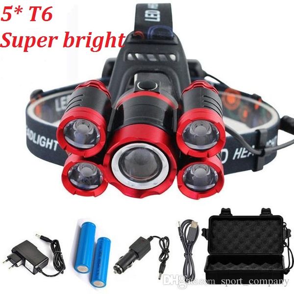 15000 lúmenes 5 faros LED T6 faros 4 modos Zoomable LED faros recargables faros linterna 2pcs 18650 batería AC / DC cargador CAJA