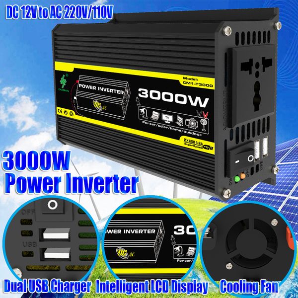 4000W / 3000W onduleur de voiture Pure Convertisseur Sine Wave DC 12V vers AC 110V 220V Transformateur Tension Double Alimentation USB Smart Car Alimentation