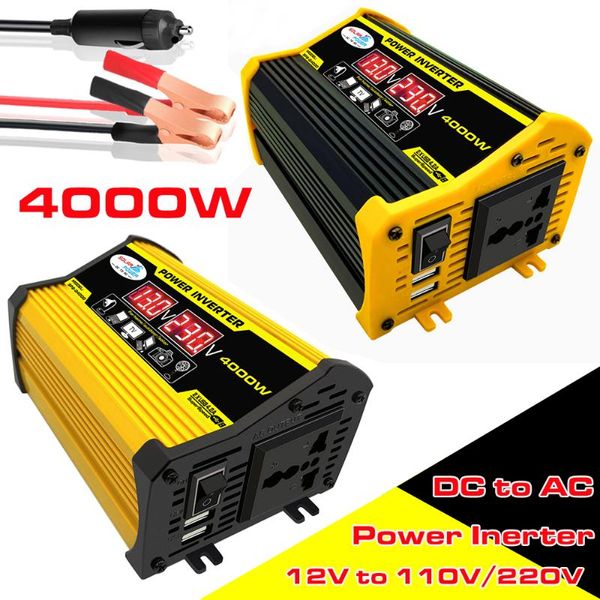 Onduleur de puissance pour voiture 4000W, adaptateur de convertisseur solaire, double affichage LED USB, transformateur de tension 12V à 220V/110V, onde sinusoïdale modifiée