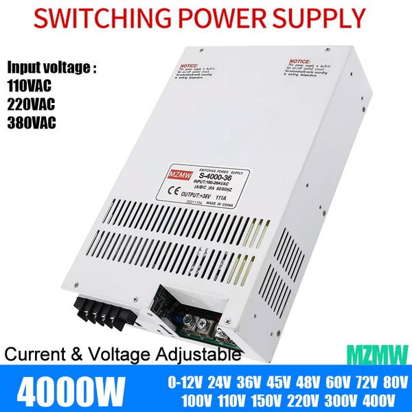 4000W Alimentation de commutation AC / DC 24V 36V 48V 60V 72V 300V 110VAC / 220VAC / 380VAC Transformateur d'éclairage SMPS réglable à haute puissance