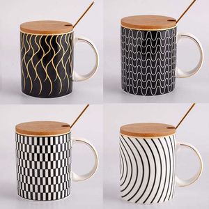 Taza de regalo de pareja geométrica creativa de 400 ml con tapa de madera y cuchara de acero inoxidable desayuno de cerámica café taza de té
