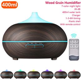 400 ml Humidificador de aire eléctrico Aroma esencial Difusor de aceite Grano de madera Control remoto Ultrasónico Xiomi Luz LED 210724