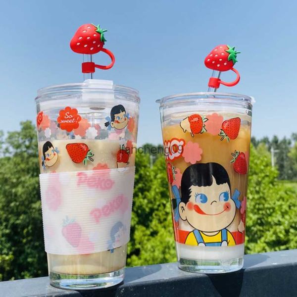 400 ml japonais collations marque dessin animé Peko image laiteuse fraise lait tasse tasse en verre mignon tasse d'eau avec couvercle petit déjeuner tasse L230620