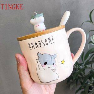 400 ml Koreaanse creatieve eenvoudige hamster mok cartoon schattige lepel met deksel persoonlijkheidspaar Water Cup Home Breakfast Cup 210409