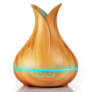 Mini diffuseur d'huiles essentielles d'arôme de 400 ml, humidificateur à brume fraîche de grain de bois pour bureau, maison, yoga, spa, 14 lumières de couleur (marron foncé)