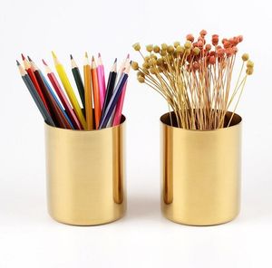 Vase en laiton doré de style nordique de 400 ml porte-stylo cylindrique en acier inoxydable pour organisateurs de bureau et support porte-pot à crayons multi-usage LLA8932