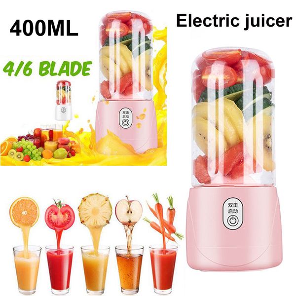 Exprimidores de frutas eléctricos portátiles de 400 ml, 6 cuchillas, máquina licuadora multifunción recargable por USB, botella deportiva, taza de jugo