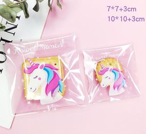 400pcs / lot sac d'emballage en plastique de pain de boulangerie auto-adhésif, 10x10cm, 7x7cm sacs-cadeaux, mignon biscuits licorne rose bonbons emballage de fête