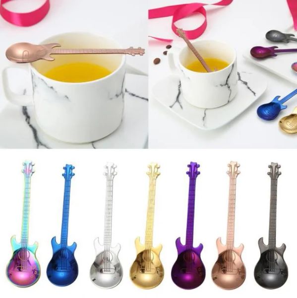 400 Uds cucharas de café de acero inoxidable guitarra violín forma cuchara de postre cuchara agitadora encantadora cuchara de hielo chapada en titanio SN887