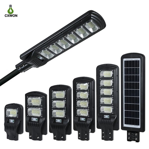 100W 200W 300W Luz de calle solar IP65 Sensor de movimiento de radar de alto brillo Iluminación inteligente Luz exterior para patio Patio con control remoto y poste