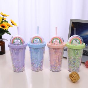 401-500ml acrylique Skinny Tumblers Matte Couleurs Double Mur Tumbler Café Boire en plastique Séppar Taisson avec couvercle Pailles Rainbow Balls Tasse Cadeau de Noël