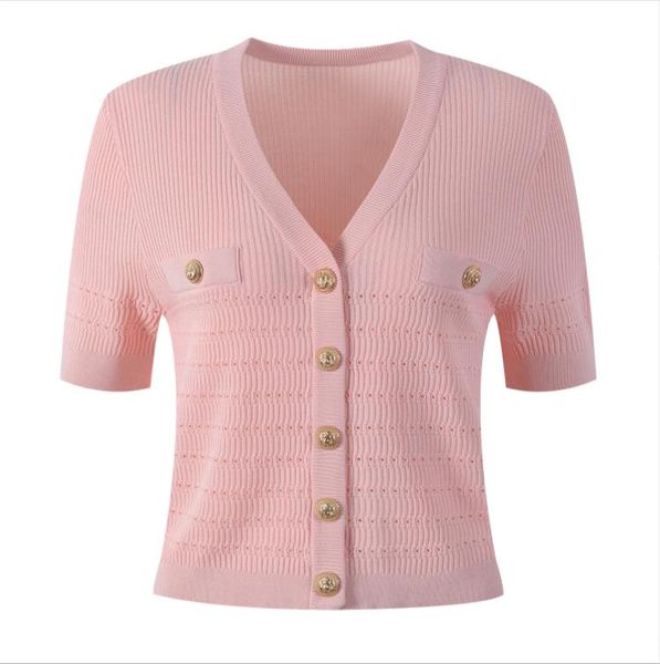 403 2023 Marca de primavera Mismo estilo Suéter de manga corta con cuello en V Negro Blanco Rosa Azul Moda Ropa para mujer Ropa de alta calidad para mujer yl