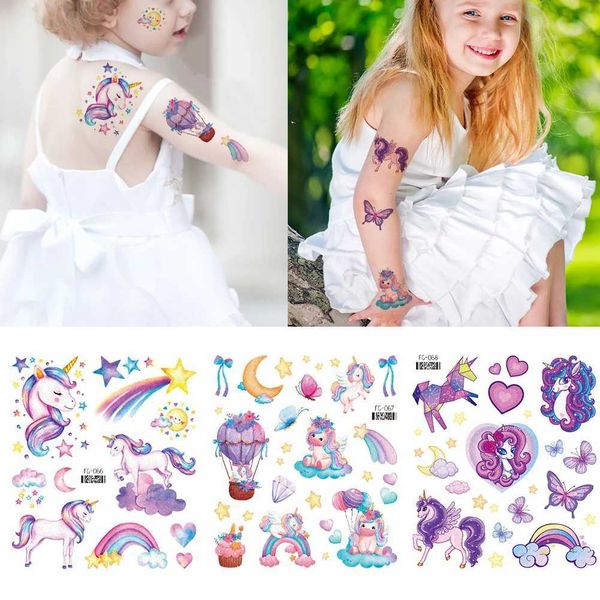 409U Tattoo Transfert 6pcs Girls Tattoo Autocollants imperméables sirène Unicorne Sparkly Rainbow Tattoo Sticker Tatto Tatto Stickers For Hands Arm Body 240427