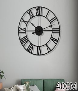 40 cm grand jardin extérieur horloge murale nordique métal norme nobilier horloges de fer rétro ronde face du bureau à domicile noir lj26909836