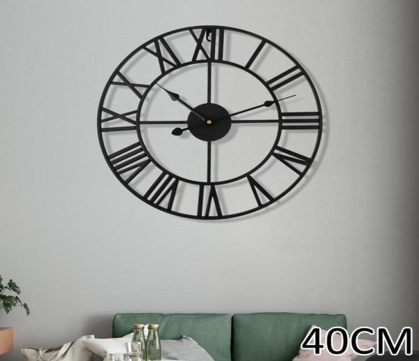 40 cm grand jardin extérieur horloge murale nordique métal norme nobilier murmorne rétro fer rond face du bureau à domicile noir lj26312136