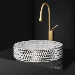 Fregadero de vidrio de baño redondo de 40 cm Crystal Hotel Luxury Cilíndrico Golden Washbasin Funzonoras de vaso plateado de grifos