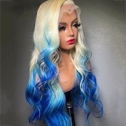 40 Pouces Cheveux Brésiliens Corps Vague Ombre Bleu Coloré 13x4 Lace Front Violet Drag Queen Glueless Synthétique Cospaly Perruques Pour Les Femmes Noiresv