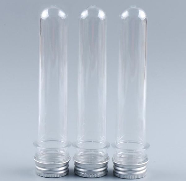 Tubos de ensayo de plástico transparente de 40 ml con tapas de aluminio de rosca, recipientes de sal de baño, botella de embalaje cosmético de 142*24mm con sensible a la presión