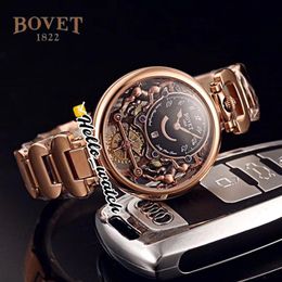 40 mm Bovet 1822 Tourbillon Amadeo Fleurie Relojes Reloj de cuarzo para hombre Esqueleto negro Pulsera de acero en oro rosa HWBT Hola Watch2781