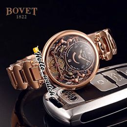 40 mm Bovet 1822 Tourbillon Amadeo Fleurie Relojes Reloj de cuarzo para hombre Esqueleto negro Pulsera de acero en oro rosa HWBT Hola Watch256n