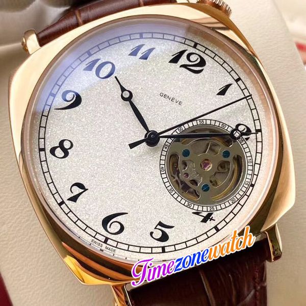 40mm historiques americano 1921 82035 reloj de hombre automático blanco Tourbillon dial caja de oro rosa correa de cuero marrón relojes TimeZoneWatch E130A2