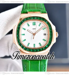40 mm 5711 Reloj automático para hombre Esfera con textura blanca 5711/1300A Caja de oro rosa Rectángulo de diamantes Gemas verdes Bisel Correa de cuero Relojes Timezonewatch E234A4