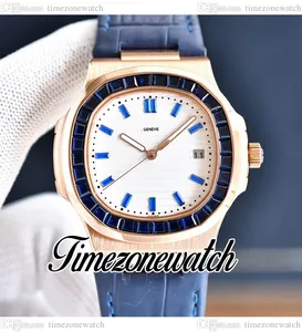 40 mm 5711 automatisch herenhorloge witte textuur wijzerplaat 5711/1300A rosé gouden kast diamant rechthoek blauwe edelstenen bezel lederen band horloges timezonewatch E234A6