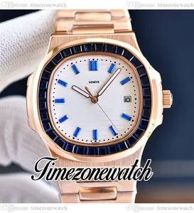 40 mm 5711 automatisch herenhorloge witte textuur diamanten wijzerplaat 5711/1300A rechthoek blauwe edelstenen bezel rosé gouden stalen armband sporthorloges timezonewatch E234D5