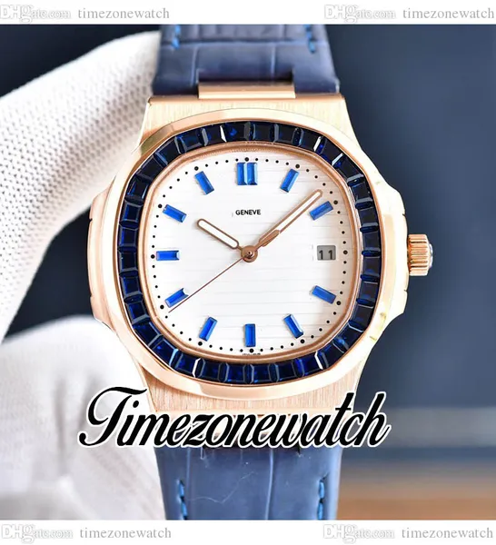 40 mm 5711 Reloj automático para hombre Esfera con textura blanca 5711/1300A Caja de oro rosa Diamante Rectángulo Gemas azules Bisel Correa de cuero Relojes Timezonewatch E234A6