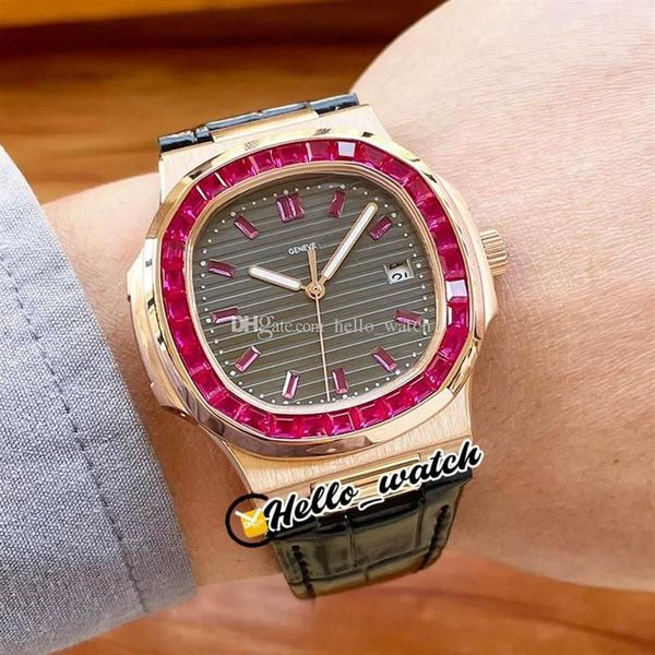 40 mm Nuevo Sport 5711 113P-01 5711 Reloj automático para hombre Esfera con textura gris Rosa Diamante rojo Bisel Caja en oro rosa Correa de cuero Caballeros 293N