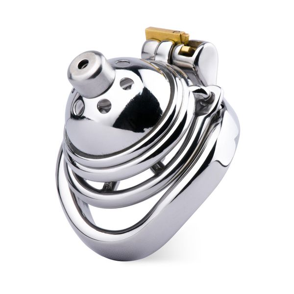 Cage de chasteté masculine courte en acier inoxydable de 40 mm avec pointes Anneau anti-arrêt Cathéter urétral creux Son Cockring incurvé en métal