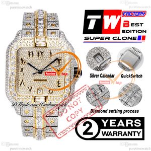 40 mm XL Pave Diamond-Set A2824 Reloj automático para hombre TWF Dos tonos Oro amarillo Diamantes talla baguette Esfera con escritura árabe Pulsera de acero helado Super Edition Puretime