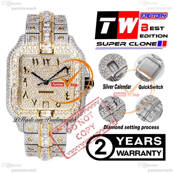 40 mm XL Pave Diamond-Set A2824 Montre automatique pour homme TWF Deux tons en or jaune Diamants taille baguette Cadran avec écriture arabe Bracelet en acier glacé Super Edition Puretime