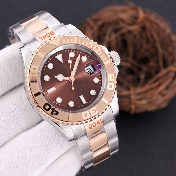 Reloj de yate de 40mm para hombre, pulsera de goma de diseñador, movimiento mecánico automático, cristal de zafiro, bisel de cerámica de oro rosa