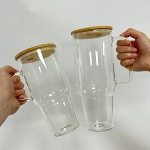 Eco-Friendly Tumbler 40oz 32oz Clear Frosted Sublimation Glass Travel Mug with Bamboo Lid Outdoor Beer Mugs Multi-Color
