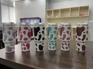 40oz Bling Strass Koe Print Mokken Chocolade Melk Cowprint Koffiekopjes Bling Tumblers met Deksel en Rietjes AU05