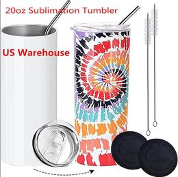 USA CA Magazijn Groothandel Bulk 20oz 20 oz Rechte Skinny RVS Geïsoleerde Blank Sublimatie Tumblers Cups met Stro