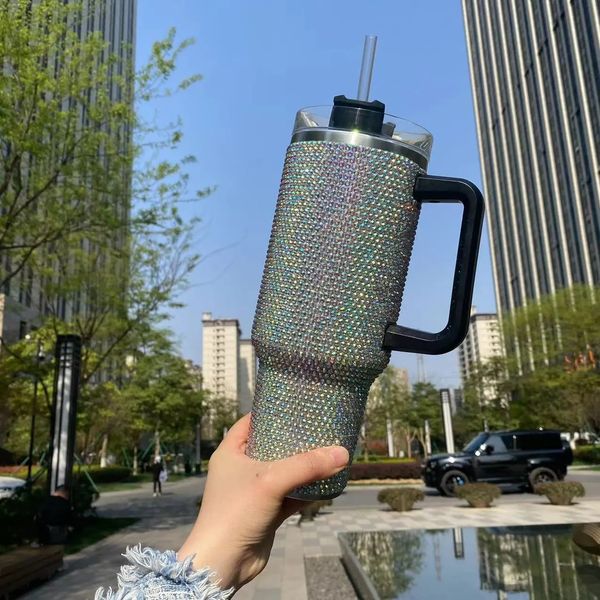 40 oz Bling Rhinestone Diamond Tumbler Glitter Botella de agua con tapa Vacío de acero inoxidable Paja térmica Fancy Vacuum Drinking Cup249M