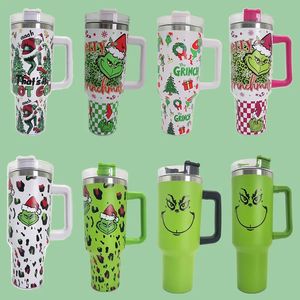 40oz kerstdruktumblers beker met handvat geïsoleerde roestvrijstalen tumbler deksels stro auto reismokken koffietumbler termoS cups klaar om waterflessen te verzenden