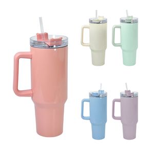 Gobelet à sublimation coloré de 40 oz avec couvercle à poignée amovible paille Macaron couleurs acier inoxydable camping en plein air tasse bouteille d'eau tasses de voyage isolées sous vide