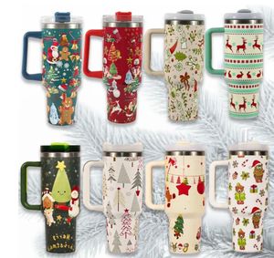 Bouteille d'eau créative à motif de noël de 40oz, avec poignée, tasse isolante en paille anti-fuite, adaptée aux voyages de camping en plein air