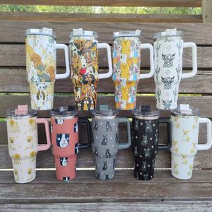 40OZ Designer Tumblers Tasses avec logo Adventure Cartoon Pet Dog Design Tumblers Poignée Couvercles et pailles Tasses de voiture Bouteilles d'eau potable isolées sous vide