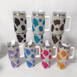 40oz Diamond Handle Tumbler Koe Luipaard Gedrukt Moderne Tumbler Geïsoleerde Cup Herbruikbare roestvrijstalen waterfles Reismok 240105