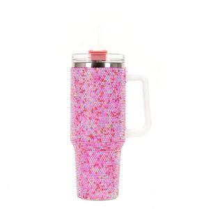 Tasses en acier inoxydable diamant 40oz, gobelet en strass scintillant avec couvercle à poignée et bouteille Thermos en paille, cadeau pour elle, vente en gros