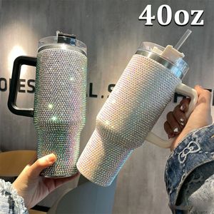 40oz Diamond Water Bottles With Handle Insulated Tumblers With Lid Straw Stainless Steel Coffee Mugs Termos Cups FY5717
