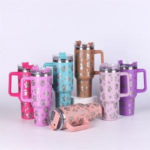 Vaso con estampado de pata de perro de 40 oz con asa y pajita Taza de viaje con láser aislado de acero inoxidable Vasos con aislamiento para mantener las bebidas frías