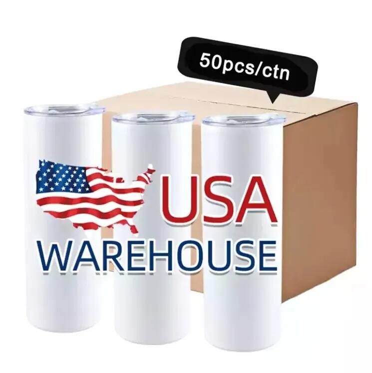 US Warehouse Sublimation Blanks Tumblers 20 oz gerade Becher aus Edelstahl, weißer Becher mit Deckel und Strohhalm, Thermotransfer-Geschenkbecherflaschen