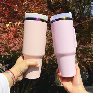 Tasse à café de voyage à revêtement en poudre plaqué arc-en-ciel H2.0 de 40 oz, tasses à café isolées sous vide en acier inoxydable rose violet avec poignée et paille pour gravure laser