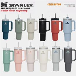 Gobelet réutilisable H2 0 de 40 oz avec poignée colorée avec logo et paille Tasse de voyage isolée en acier inoxydable Gobelets isolés pour conserver les boissons 2154