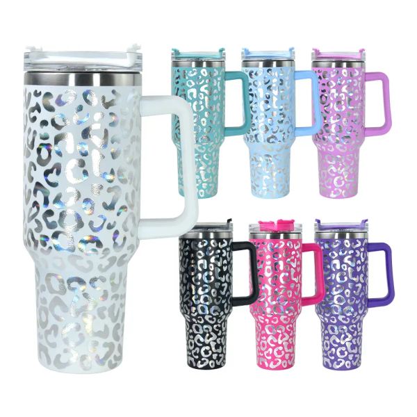 40oz láser tumblers leopardo holográfico tapa de acero inoxidable paja grande taza taza de cerveza botella de agua al aire libre